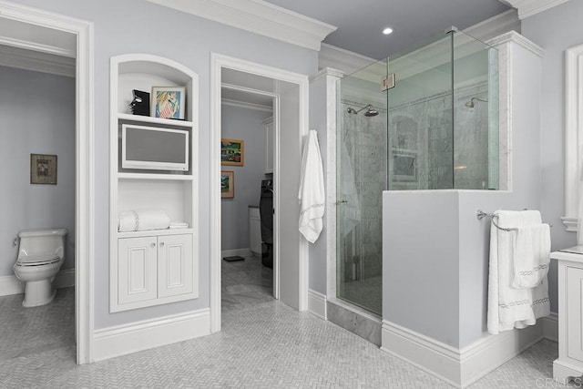 2045 W California St, San Diego, CA 92110 - full bath featuring ornamental molding, toilet, a shower stall, vanity, and recessed lighting