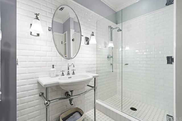2045 W California St, San Diego, CA 92110 - full bath with a shower stall, ornamental molding, tile walls, a sink, and tasteful backsplash