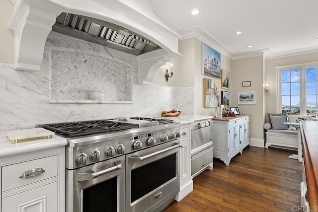 2045 W California St, San Diego, CA 92110 - kitchen with range with two ovens, recessed lighting, ornamental molding, light countertops, and tasteful backsplash