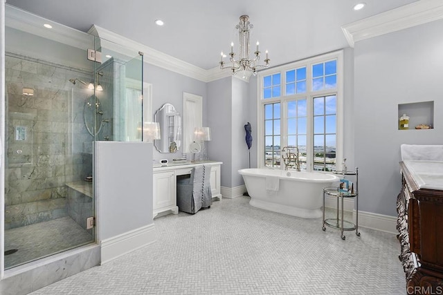 2045 W California St, San Diego, CA 92110 - bathroom featuring vanity, a stall shower, baseboards, a freestanding bath, and crown molding