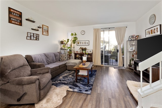 living room featuring dark wood-type flooring