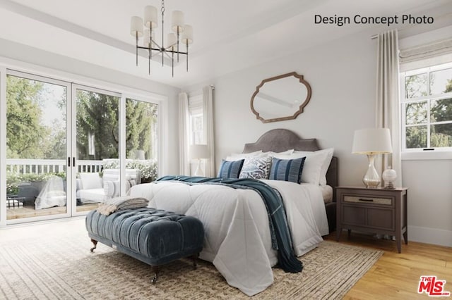 bedroom featuring hardwood / wood-style floors, access to outside, and an inviting chandelier