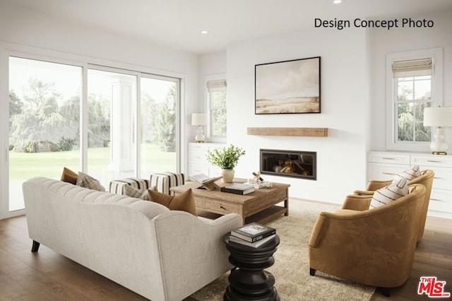 living room featuring dark wood-type flooring