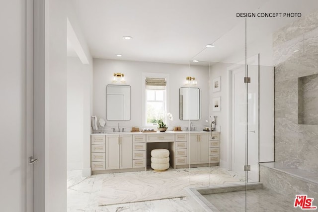 bathroom featuring an enclosed shower and vanity