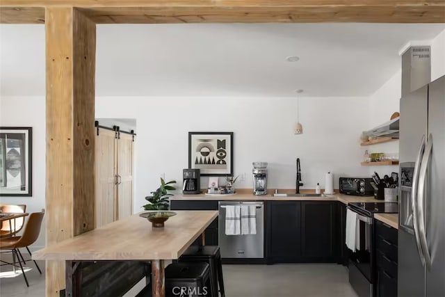 kitchen featuring sink, stainless steel appliances, a barn door, and hanging light fixtures