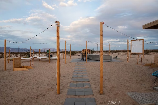 view of play area with a mountain view