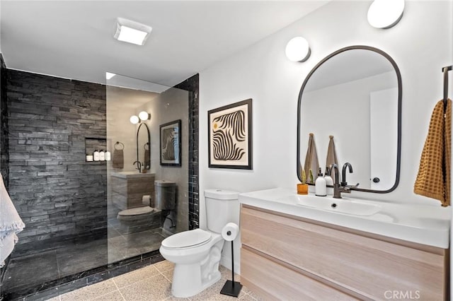 bathroom with a shower, vanity, and toilet