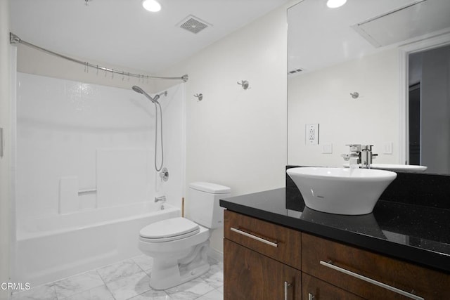 bathroom with shower / bath combination, visible vents, toilet, marble finish floor, and vanity