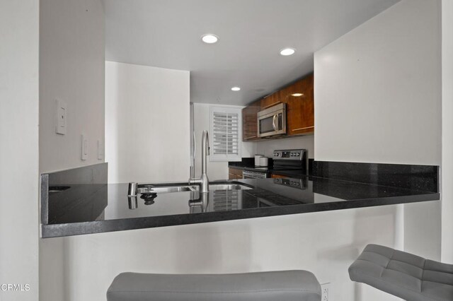 kitchen with a peninsula, dark countertops, stainless steel appliances, and a sink