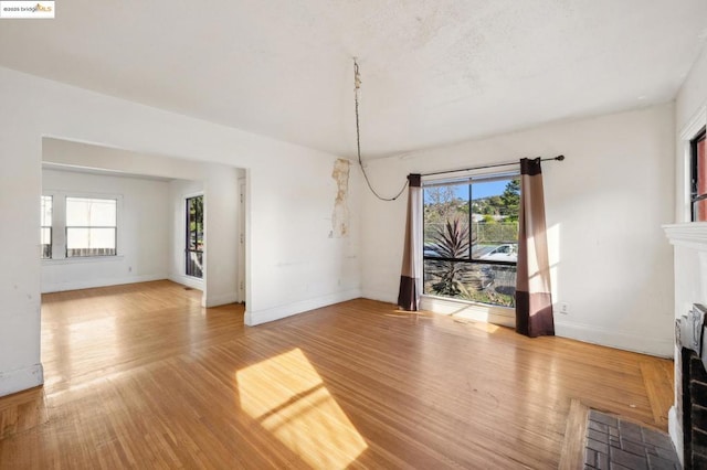 unfurnished dining area with a fireplace, light hardwood / wood-style floors, and a healthy amount of sunlight