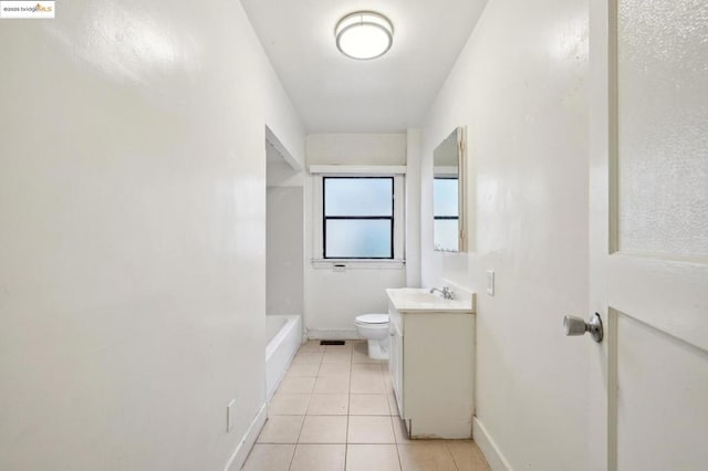 full bathroom with toilet, shower with separate bathtub, vanity, and tile patterned floors