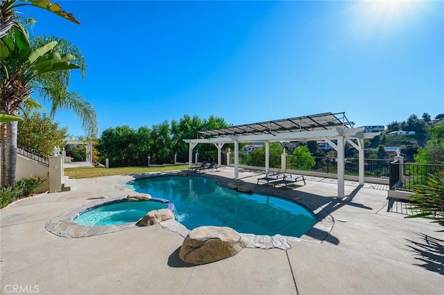 view of pool featuring a patio, an in ground hot tub, and a pergola