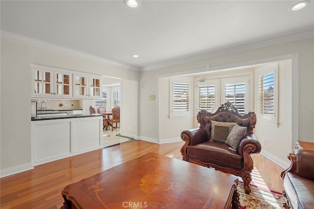 living room with sink, light wood-type flooring, and crown molding