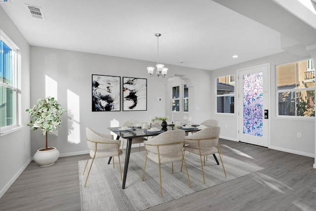 dining space with a notable chandelier, a healthy amount of sunlight, and wood-type flooring