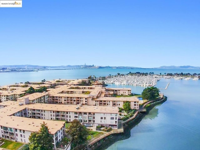 birds eye view of property featuring a water and mountain view