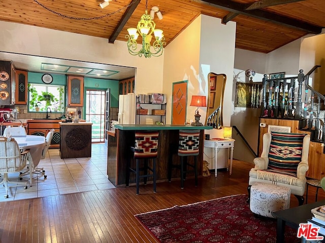 interior space featuring sink, wooden ceiling, and dark hardwood / wood-style floors