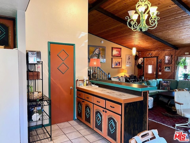 kitchen featuring wood walls, light tile patterned floors, an inviting chandelier, wood counters, and wooden ceiling