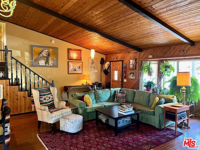 living room featuring wooden ceiling, wood walls, lofted ceiling with beams, and hardwood / wood-style flooring