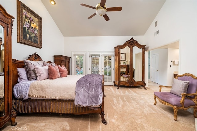 bedroom with access to outside, french doors, high vaulted ceiling, ceiling fan, and light carpet