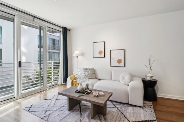 living room with light hardwood / wood-style floors and floor to ceiling windows