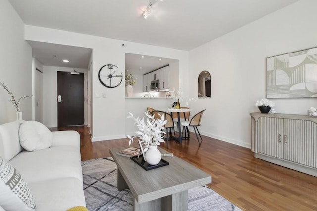 living room with hardwood / wood-style flooring and rail lighting