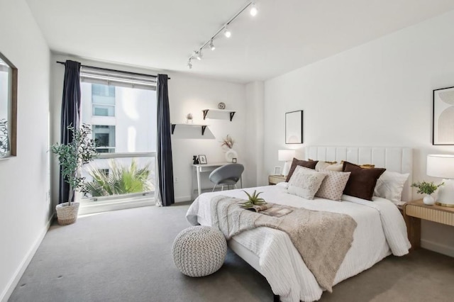 carpeted bedroom with rail lighting