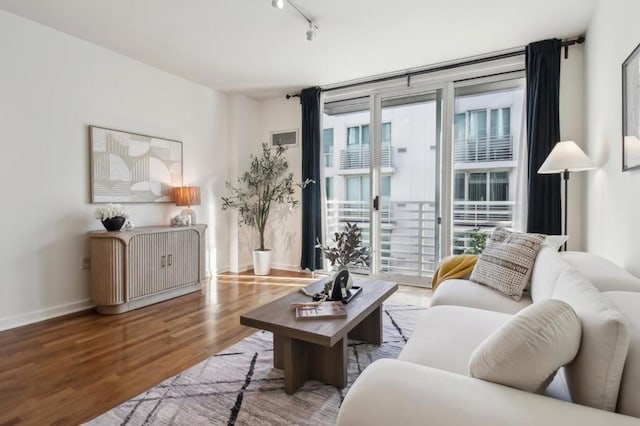 living room featuring plenty of natural light, track lighting, and light wood-type flooring