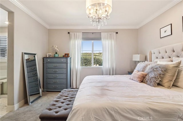 bedroom with crown molding, light carpet, and an inviting chandelier