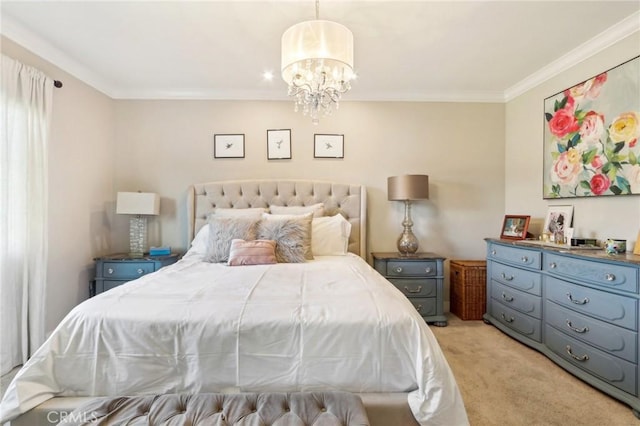 carpeted bedroom featuring ornamental molding and a chandelier