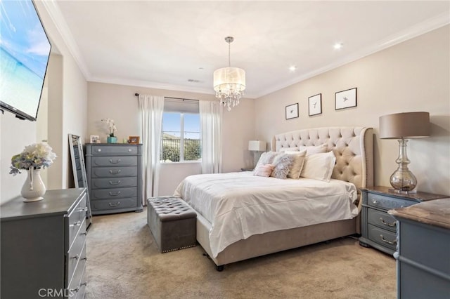 carpeted bedroom featuring ornamental molding