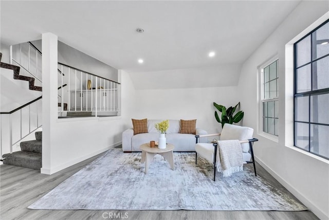 living room with lofted ceiling and wood-type flooring