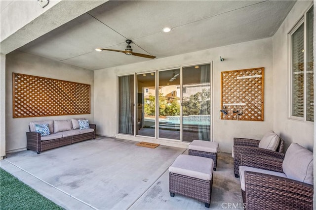 view of patio / terrace featuring ceiling fan and an outdoor hangout area