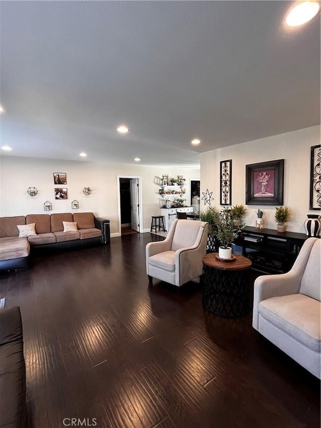 living room featuring dark wood-type flooring