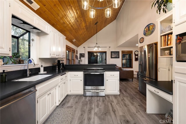 kitchen with a chandelier, stainless steel appliances, white cabinets, wooden ceiling, and sink