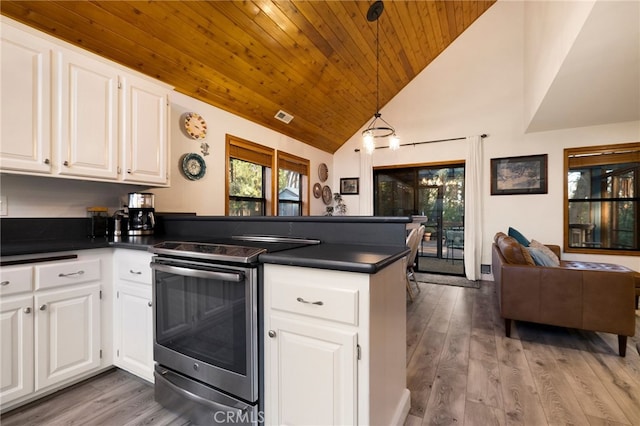 kitchen featuring white cabinetry, hardwood / wood-style floors, stainless steel electric range oven, and kitchen peninsula