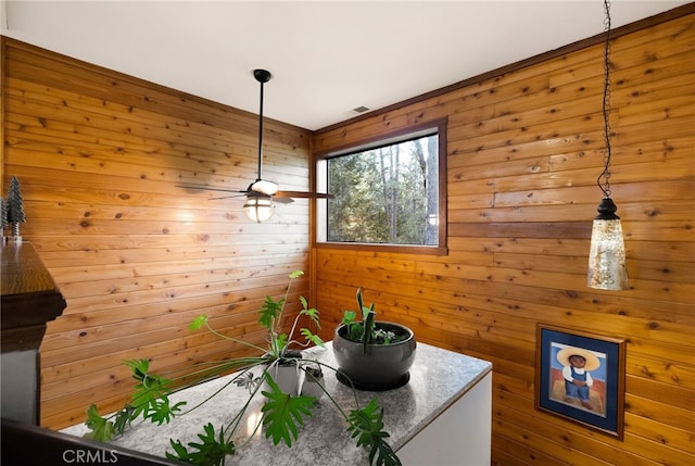 interior space with ceiling fan and wood walls