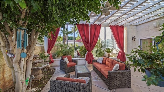 view of patio / terrace with an outdoor hangout area and a pergola