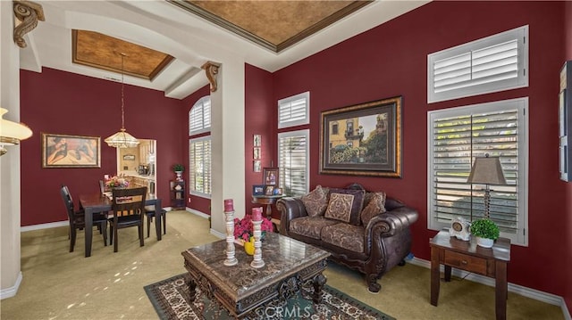 interior space with light colored carpet, a raised ceiling, and ornamental molding