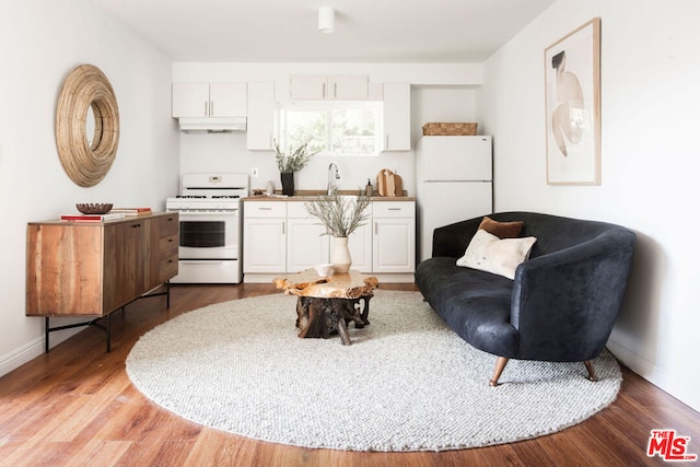 interior space featuring white appliances, white cabinetry, light wood-type flooring, and sink