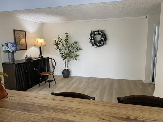 living area featuring ornamental molding, light hardwood / wood-style flooring, and a textured ceiling