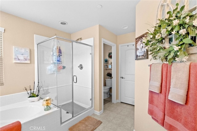 bathroom featuring toilet and plus walk in shower