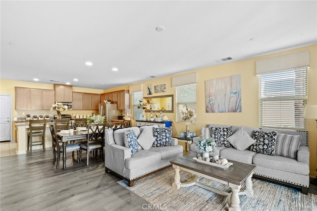 living room featuring plenty of natural light and light hardwood / wood-style floors