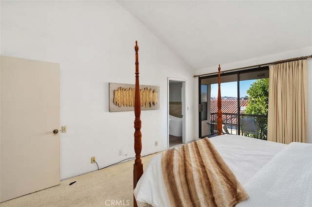 bedroom featuring ensuite bathroom, access to exterior, high vaulted ceiling, and carpet