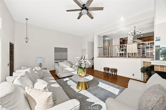 1824 S Marengo Ave Unit 27, Alhambra, CA 91803 - living area with wood finished floors, a chandelier, and a ceiling fan