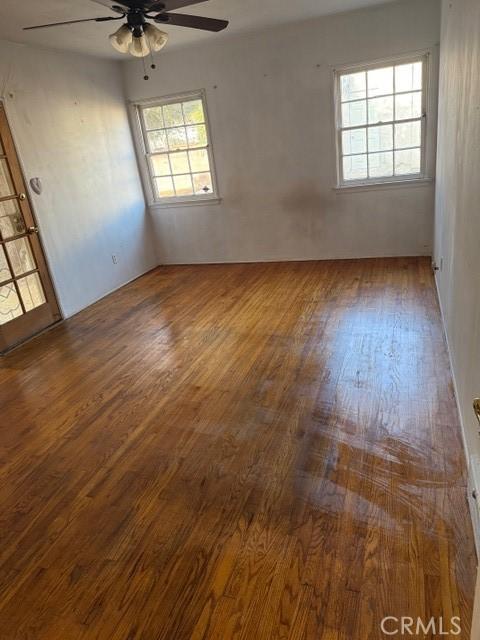 spare room featuring ceiling fan, a wealth of natural light, and wood-type flooring