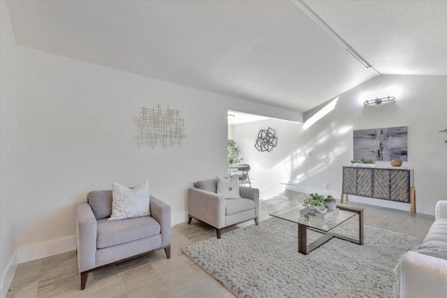 living room featuring lofted ceiling