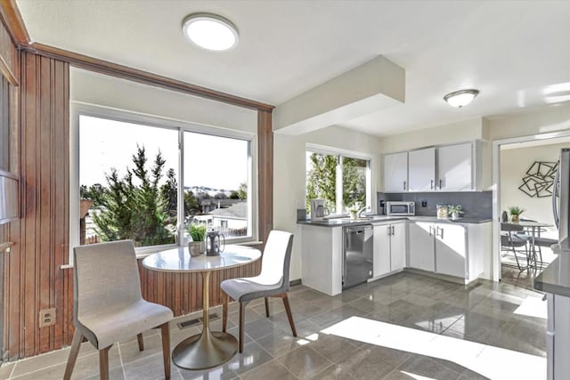 kitchen with stainless steel appliances and white cabinets