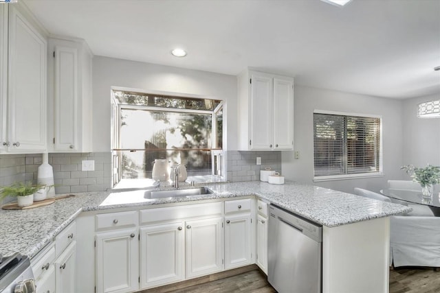 kitchen with kitchen peninsula, white cabinetry, decorative backsplash, and stainless steel dishwasher