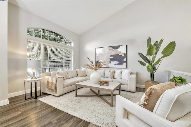 living room featuring hardwood / wood-style floors and lofted ceiling