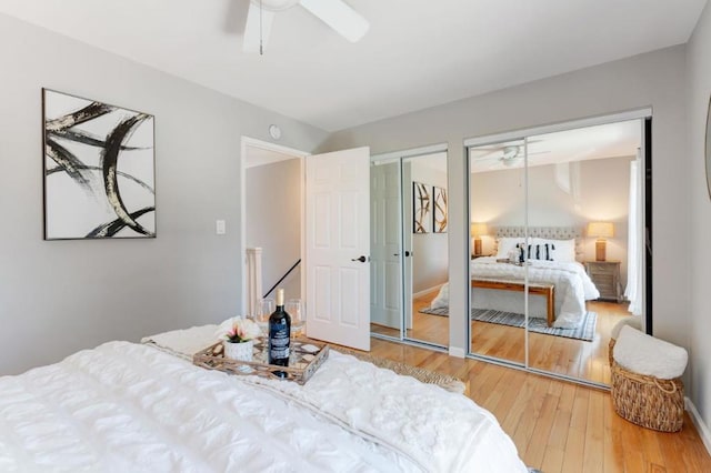 bedroom featuring ceiling fan, hardwood / wood-style flooring, and multiple closets